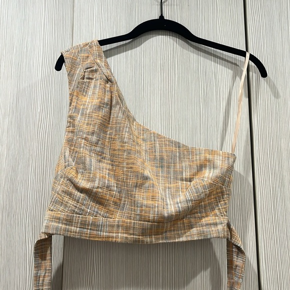 BCBGeneration Basket Weave One Shoulder Crop Top Muted Blue/Orange Tie Waist S - Picture 5 of 14